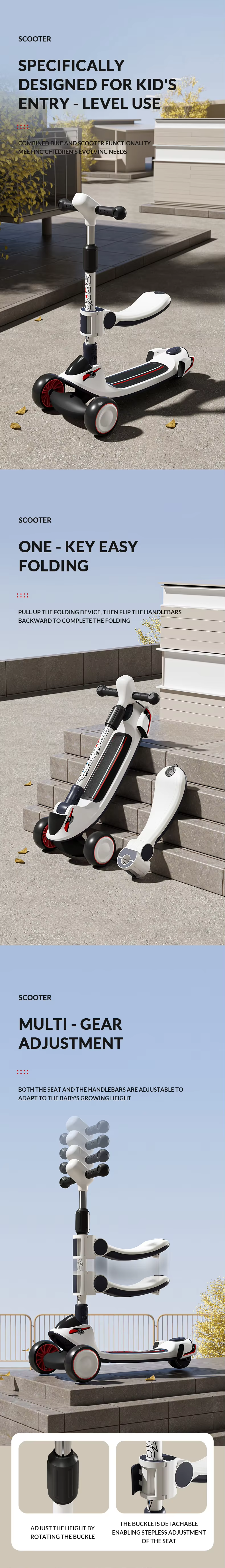 Kids 3 Wheels Foldable Kick Scooter | Music | Adjustable Height | lighting tires