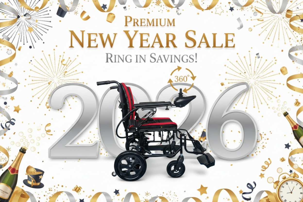 HK X foldable electric wheelchair with a 360° joystick and dual motors.